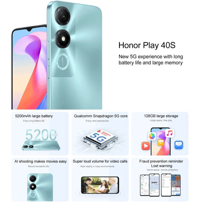 Honor Play 40S 5G, 6.56 inch MagicOS 7.1 Snapdragon 480 Plus Octa Core up to 2.2GHz, Network: 5G, Not Support Google Play, 4GB+128GB
