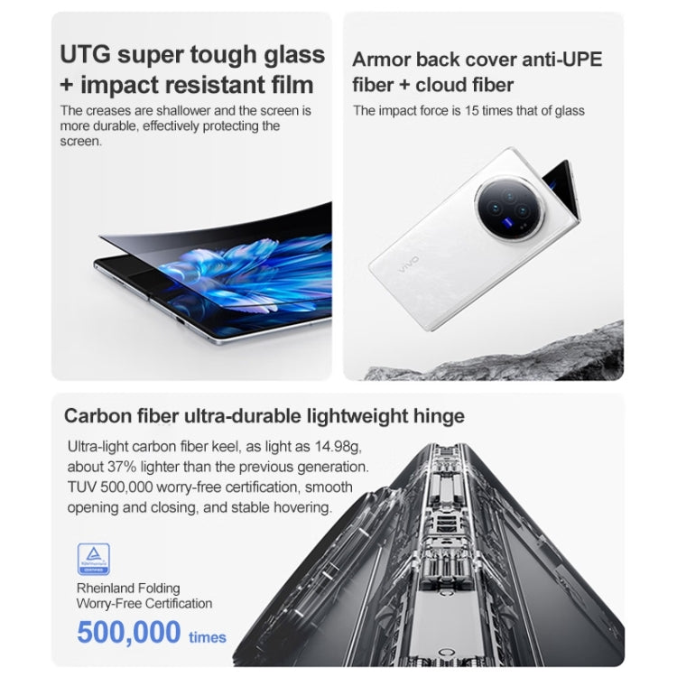 vivo X Fold3, Face ID / Fingerprint Identification, 8.03 inch + 6.53 inch Android 14 OriginOS 4 Snapdragon 8 Gen 2 Octa Core 3.25GHz, OTG, NFC, Network: 5G, 12GB+256GB, 16GB+256GB, 16GB+512GB, 16GB+1TB