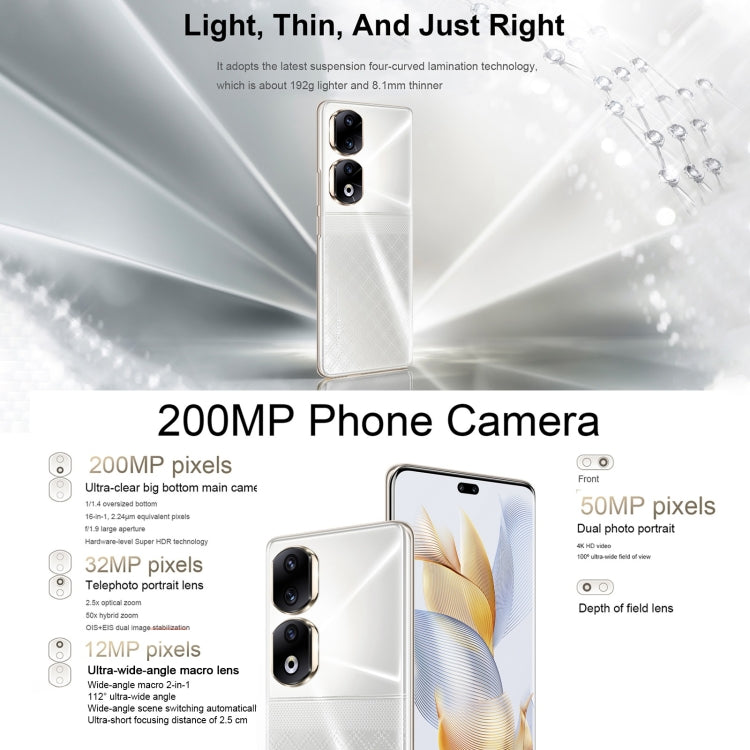 Triple Back Cameras + Dual Front Cameras, Screen Fingerprint Identification, 6.78 inch Magic UI 7.1 Android 13 Qualcomm Snapdragon 8+ Gen 1 Octa Core up to 3.0GHz, Network: 5G, OTG, NFC, Not Support Google Play, Honor 90 Pro 5G 16GB+512GB