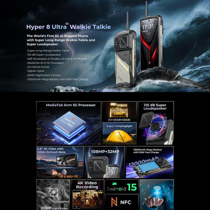 HOTWAV Hyper 8 Ultra Walkie-talkie Rugged Phone, 12GB+512GB, 6.8 inch Android 15 MediaTek MT8791 Dimensity 7050 Octa Core, Network: 5G, OTG, NFC, Hyper 8 Ultra