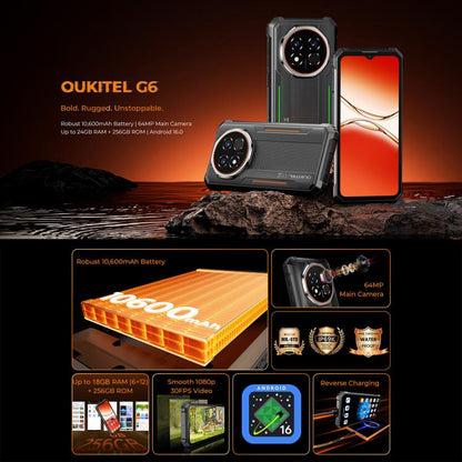 Oukitel G6 Rugged Phone, 8GB+256GB, Fingerprint Identification, 10600mAh Battery, 6.52 inch Android 16.0 Unisoc T615 Octa Core, NFC, OTG, Network: 4G, 6GB+256GB