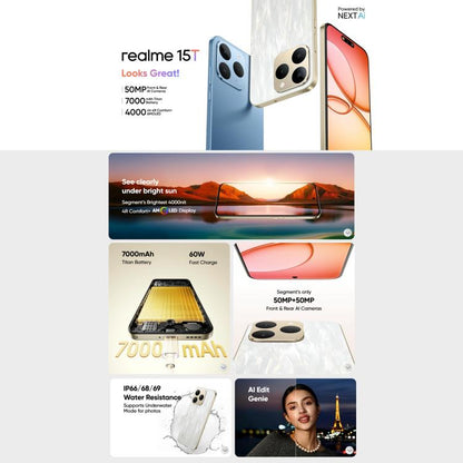 Realme 15T, 8GB+128GB, Screen Fingerprint Identification, 6.57 inch Realme UI 6.0 Android 15 MediaTek Dimensity 6400 Max Octa Core, NFC, Network: 5G, 8GB+128GB