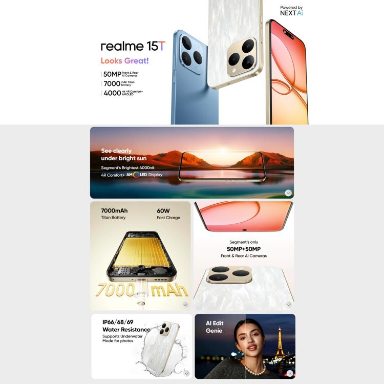 Realme 15T, 8GB+256GB, Screen Fingerprint Identification, 6.57 inch Realme UI 6.0 Android 15 MediaTek Dimensity 6400 Max Octa Core, NFC, Network: 5G, 8GB+256GB