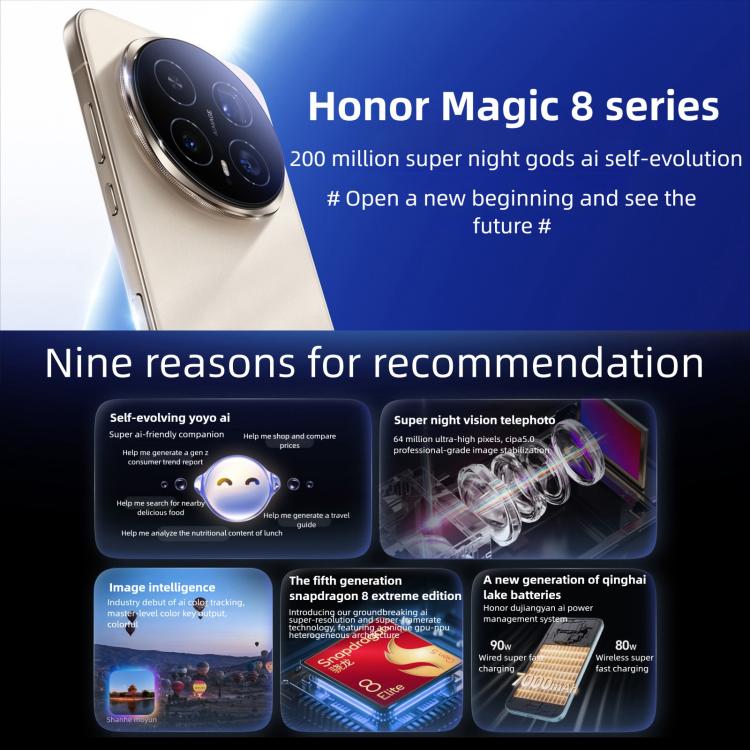 Honor Magic8 Pro, 16GB+512GB, Screen Fingerprint, 6.71 inch MagicOS 10.0 / Android 16 Snapdragon 8 Elite Gen 5 Octa Core, Network: 5G, NFC, OTG, 16GB+512GB