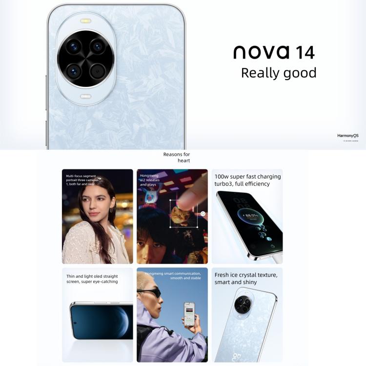 Huawei nova 14, 12GB+256GB, Side Fingerprint Identification, 6.7 inch HarmonyOS 5.0, NFC, OTG, Not Support Google Play, nova 14, 12GB+256GB