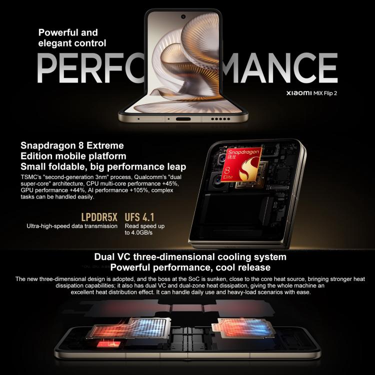 Xiaomi MIX Flip 2, 12GB+512GB, 6.86 inch + 4.01 inch Xiaomi HyperOS 2 Snapdragon 8 Elite Octa Core, NFC, Network: 5G, 12GB+512GB