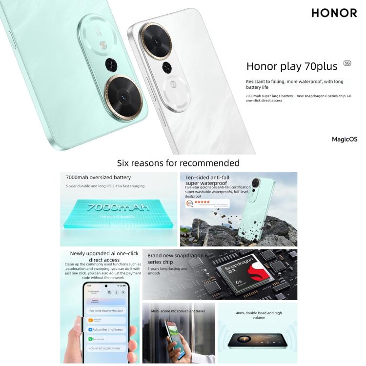 Honor Play 70 Plus, 12GB+512GB, Side Fingerprint, 6.77 inch MagicOS 9.0 Snapdragon 6s Gen 3 Octa Core, Network: 5G, NFC, OTG, 12GB+512GB