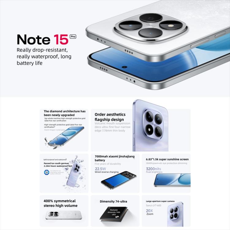 Xiaomi Redmi Note 15 Pro 5G, 12GB+256GB, 6.83 inch Xiaomi HyperOS 2 Dimensity 7400-Ultra Octa Core, Network: 5G, NFC, 12GB+256GB