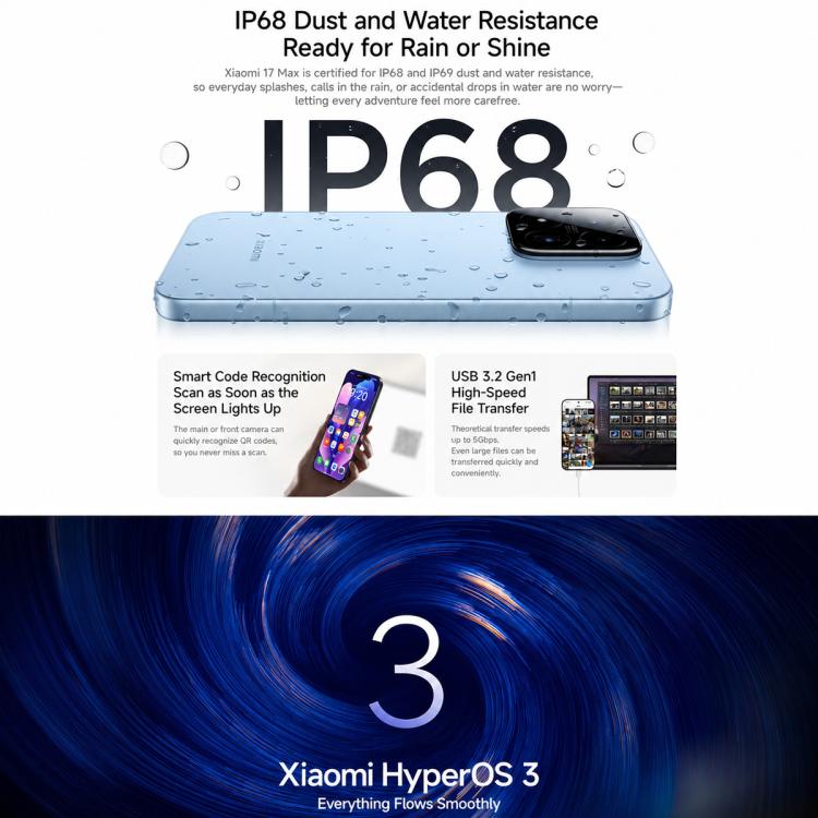 Xiaomi 17 Max, 16GB+512GB, 3D Ultrasonic Fingerprint, 6.9 inch Xiaomi HyperOS 3 Snapdragon 8 Elite Gen 5 Octa Core, NFC, Network: 5G, 16GB+512GB