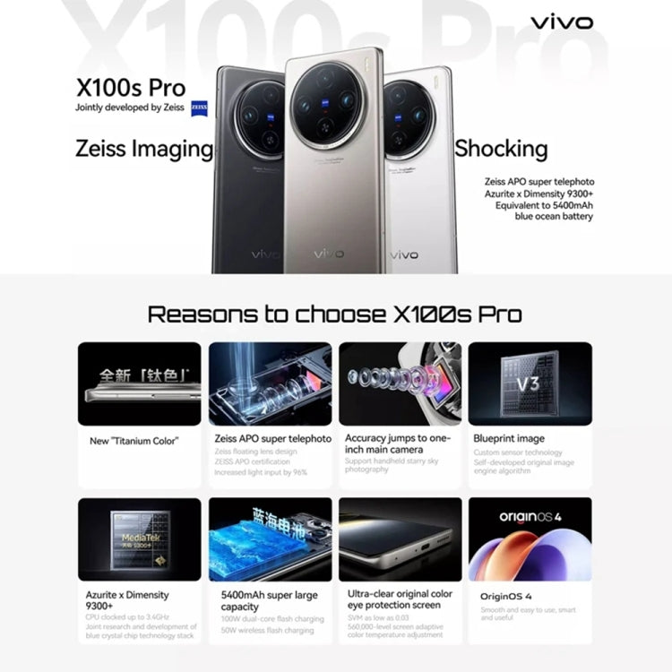 vivo X100s Pro, Triple Back Cameras, 16GB+512GB, Face ID / Fingerprint Identification, 6.78 inch Android 14 OriginOS 4 Dimensity 9300+ Octa Core, OTG, NFC, Network: 5G, Support Google Play, vivo X100s Pro, 16GB+512GB