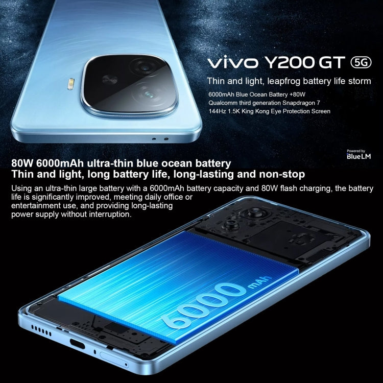 vivo Y200 GT, Dual Back Cameras, 12GB+512GB, Face ID Screen Fingerprint Identification, 6.78 inch Android 14.0 OriginOS 4 Snapdragon 7 Gen 3 Octa Core 2.63GHz, OTG, NFC, Network: 5G, Support Google Play, vivo Y200 GT, 12GB+512GB