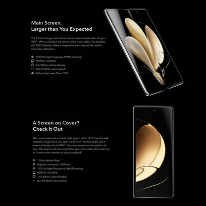 Triple Back Cameras, Fade ID & Side Fingerprint Identification, 7.9 inch + 6.45 inch Magic UI 6.0 (Android 12) Qualcomm Snapdragon 8 Gen1 4nm Octa Core up to 2.995GHz, Network: 5G, OTG, NFC, Not Support Google Play, 12GB+256GB