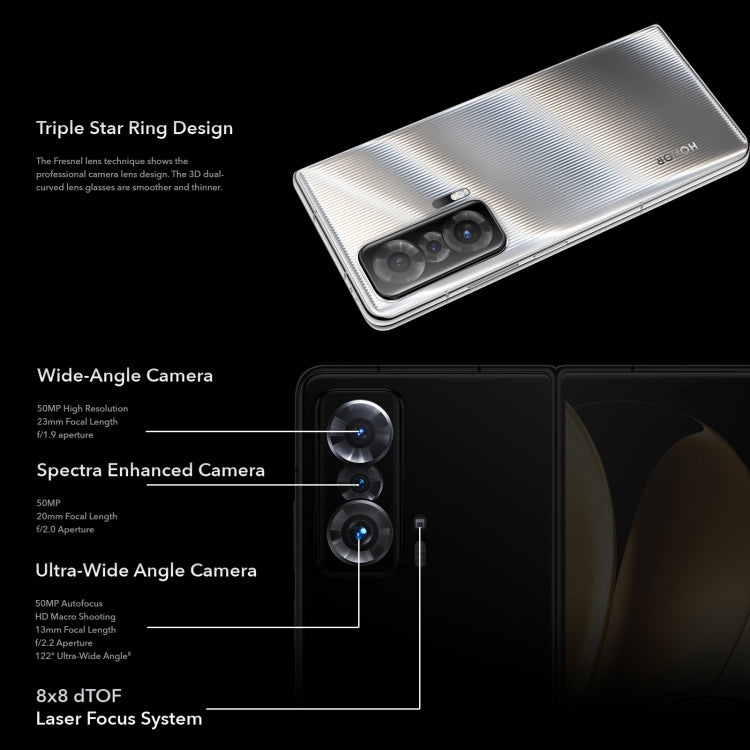 Triple Back Cameras, Fade ID & Side Fingerprint Identification, 7.9 inch + 6.45 inch Magic UI 6.0 (Android 12) Qualcomm Snapdragon 8 Gen1 4nm Octa Core up to 2.995GHz, Network: 5G, OTG, NFC, Not Support Google Play, 12GB+256GB