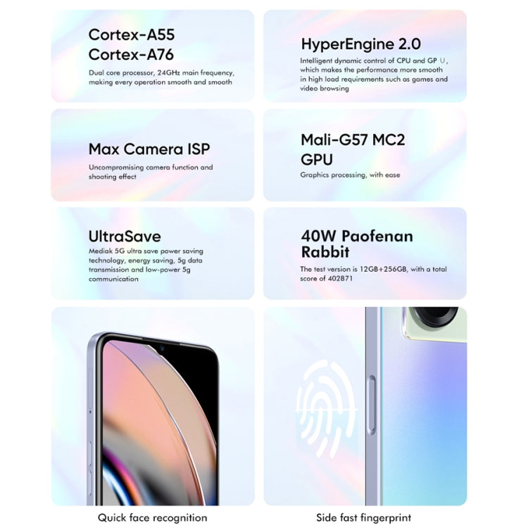 Dual Back Cameras, Side Fingerprint Identification, 5000mAh Battery, 6.58 inch Realme UI 3.0 / Android 12 MediaTek Dimensity 810 Octa Core up to 2.4GHz, Network: 5G, Support Google Play, 8GB+256GB