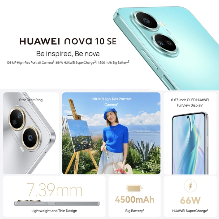 Triple Back Cameras + Single Front Camera, Side Fingerprint Identification, 6.67 inch HarmonyOS 2.0.1 Qualcomm Snapdragon 680 Octa Core, Network: 4G, OTG, NFC, Not Support Google Play, nova 10 SE 128GB