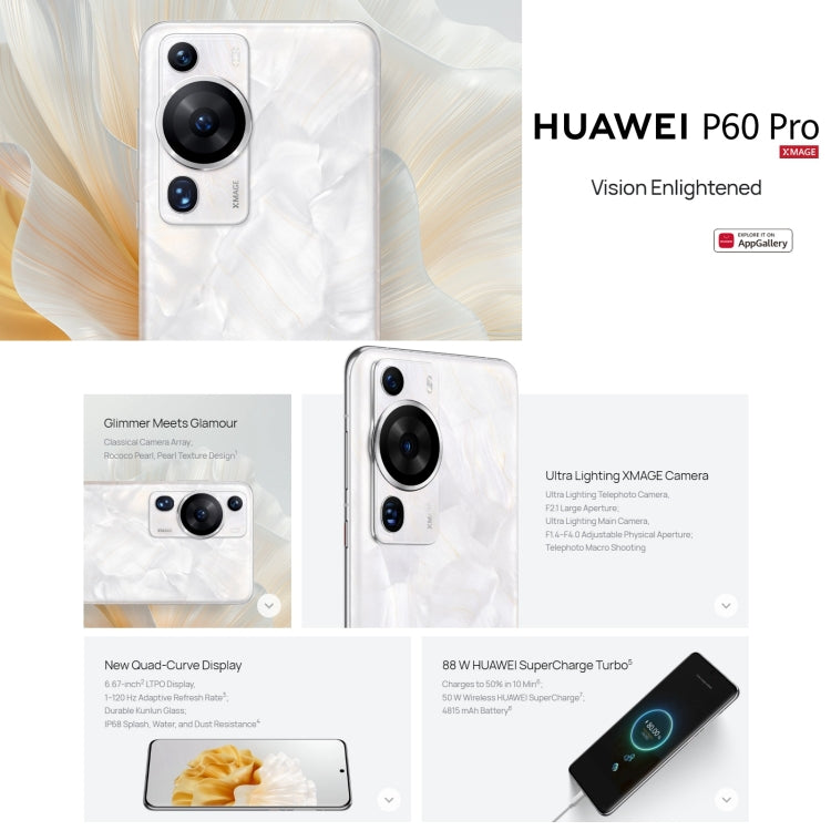Triple Back Cameras, In-screen Fingerprint Identification, 6.67 inch HarmonyOS 3.1 Qualcomm Snapdragon 8+ 4G Octa Core up to 3.2GHz, Network: 4G, OTG, NFC, Not Support Google Play, P60 Pro, 256GB