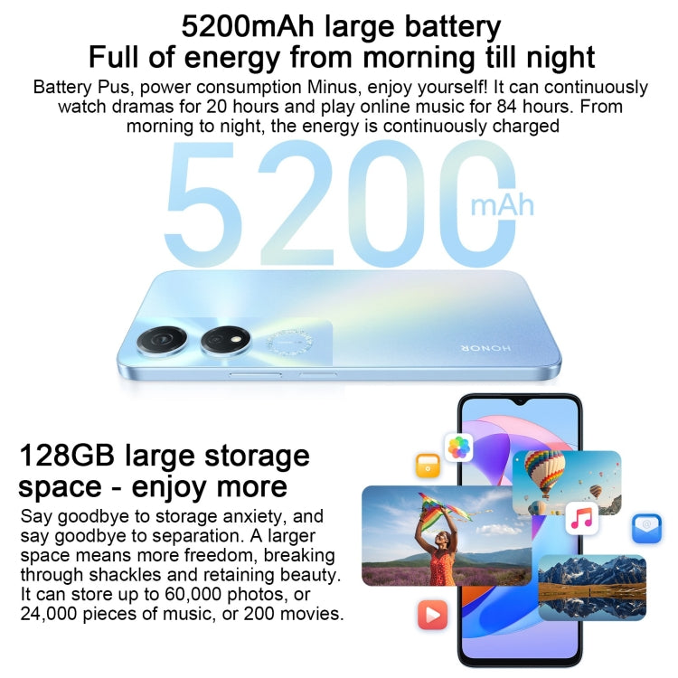 Face ID & Side Fingerprint Identification, 5200mAh, 6.56 inch MagicOS 7.1 / Android 13 Qualcomm Snapdragon 480 Plus Octa Core up to 2.2GHz, Network: 5G, Not Support Google Play, 6GB+128GB
