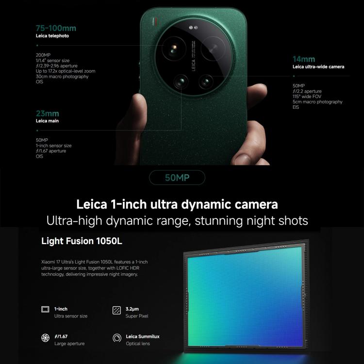 Xiaomi 17 Ultra Global, 16GB+512GB, Ultrasonic Fingerprint, 6.9 inch Xiaomi HyperOS 3 Snapdragon 8 Elite Gen 5 Octa Core, NFC, Network: 5G, 16GB+512GB(White)