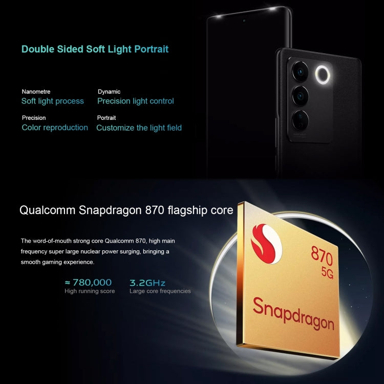 Triple Back Cameras, Srceen Fingerprint Identification, 4600mAh Battery, 6.78 inch Android 13 OriginOS 3 Qualcomm Snapdragon 870 Octa Core up to 3.2GHz, OTG, NFC, Network: 5G, 8GB+256GB